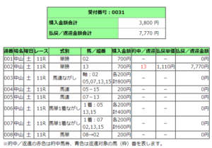 中山競馬場１１レース的中馬券